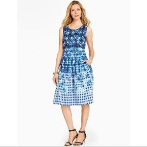 Talbots Pleated Floral and Gingham Pattern Lined Dress